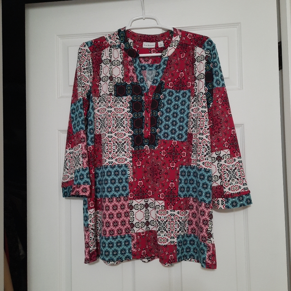Patchwork Print Size Large Women's Top V-Neck Relaxed Fit